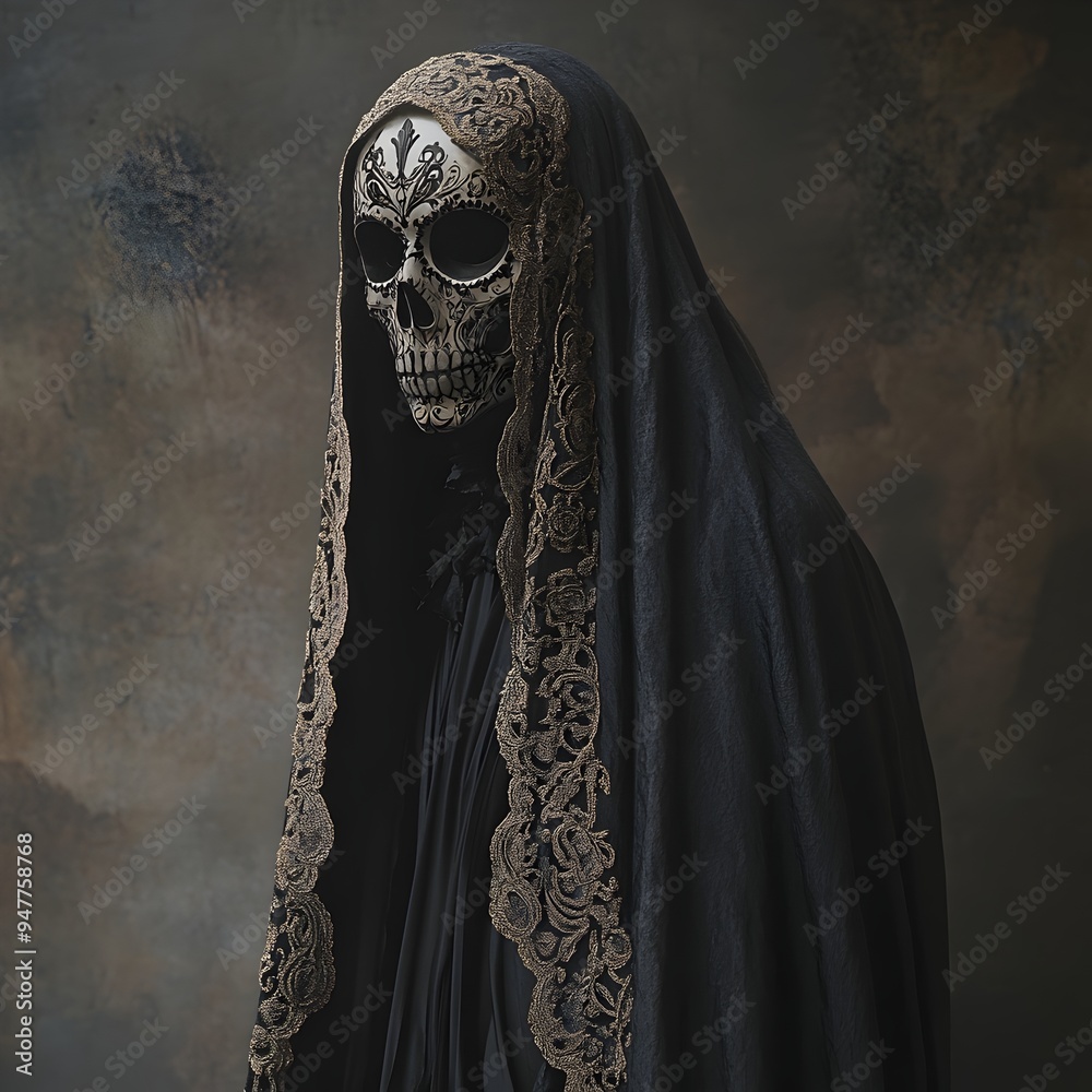Captivating Masked Figure in Dramatic Da de los Muertos Inspired Halloween Scene Captivating Masked Figure in Dramatic Da de los Muertos Inspired Halloween Scene