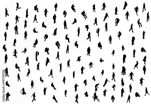 Set with people silhouette in different positions isolated on white background. Men, women and children walking, running, standing, sitting. Isometric view. Vector illustration.