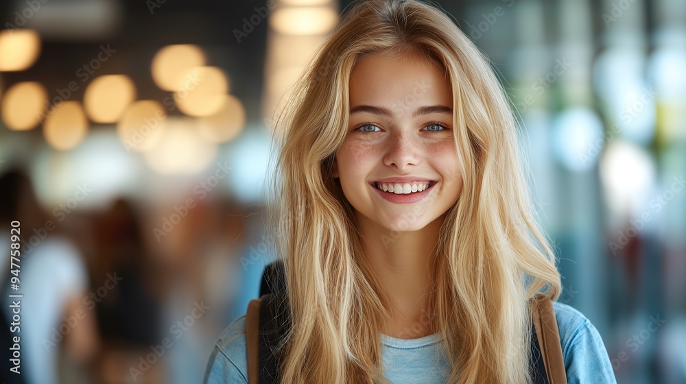 A smiling and charming blonde teenage girl, a high school student with a backpack, looking confidently at the camera, representing youth, education, and the vibrant spirit of student life, showcasing A smiling and charming blonde teenage girl, a high school student with a backpack, looking confidently at the camera, representing youth, education, and the vibrant spirit of student life, showcasing