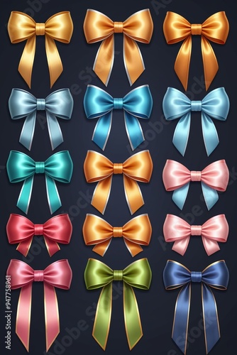 A collection of colorful ribbons and bows isolated on a clean dark background, cartoon style