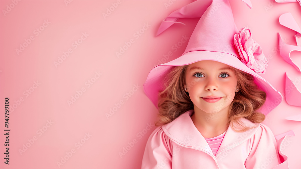 A cheerful little girl with blonde curls smiles at the camera, dressed in a pink coat and oversized hat, set against a soft pink backdrop adorned with decorative shapes A cheerful little girl with blonde curls smiles at the camera, dressed in a pink coat and oversized hat, set against a soft pink backdrop adorned with decorative shapes