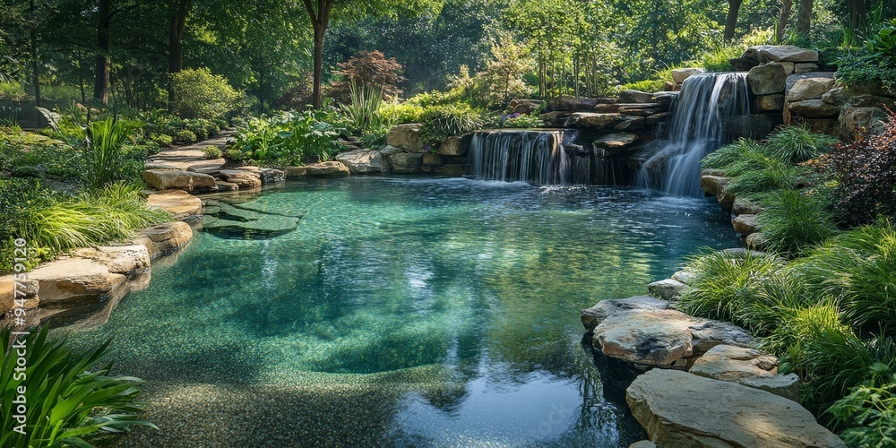 Naklejka premium Waterfall flowing into a lush, green pool.