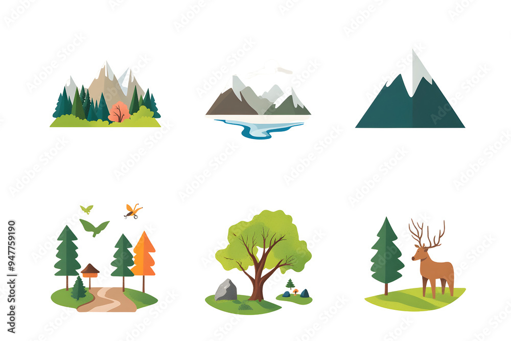 Fototapeta premium A scenic collection of nature and mountain landscape icons featuring forests, trees, wildlife, and serene mountain views, perfect for outdoor-themed designs, travel brochures.