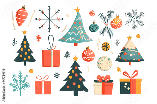 A vibrant collection of Christmas ornaments, decorated trees, snowflakes, and wrapped gifts, perfect for festive designs, holiday cards, and seasonal decorations.