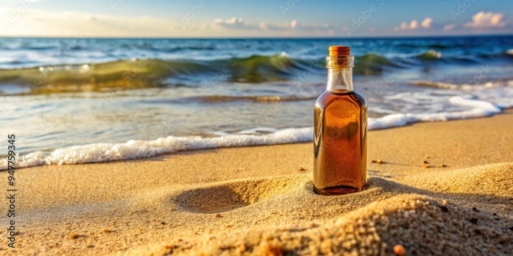 Glass bottle filled with brown liquid placed on a sandy beach background , brown, liquid, beverage, glass bottle, sand Glass bottle filled with brown liquid placed on a sandy beach background , brown, liquid, beverage, glass bottle, sand