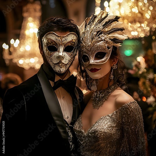 Elegant Costumed Figures at Spooky Halloween Masquerade Ball in Glimmering Art Deco Architecture
