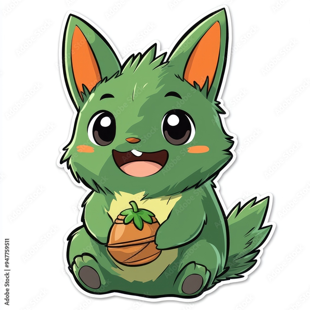 Fototapeta premium Cute Green Cartoon Animal Holding a Nut