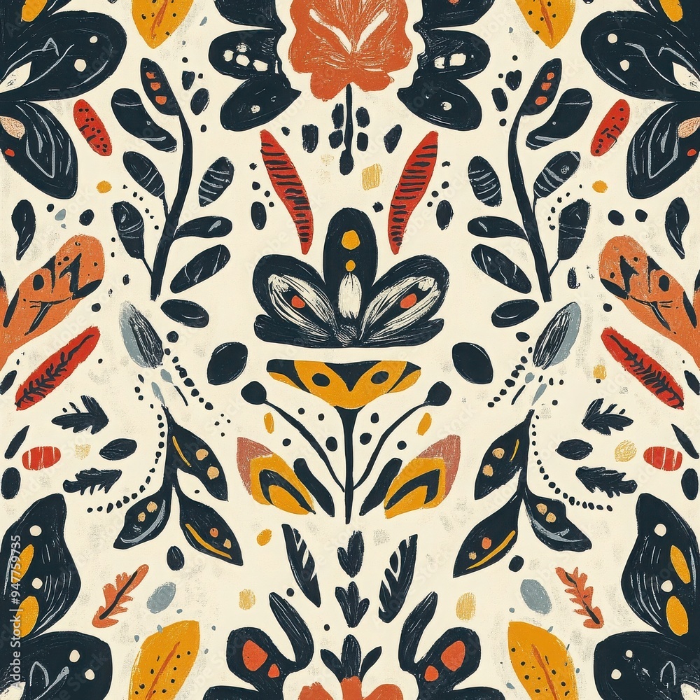 Autumnal Rhapsody: A whimsical folk art pattern dances with stylized foliage and blooms in a vibrant autumnal palette. Autumnal Rhapsody: A whimsical folk art pattern dances with stylized foliage and blooms in a vibrant autumnal palette.