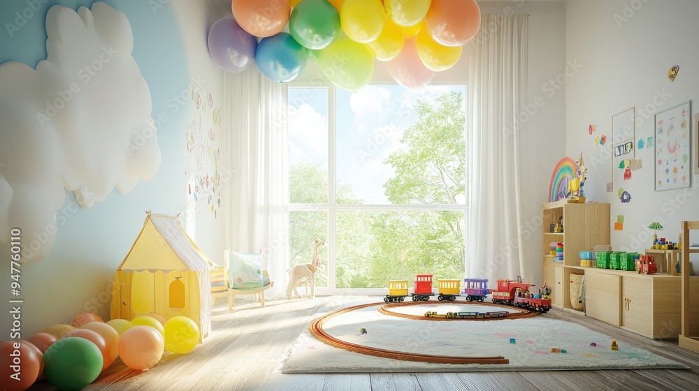 Playful and bright children's room with rainbow-colored balloons, whimsical paper clouds, and a toy train set winding around the floor. Natural light adds warmth. Playful and bright children's room with rainbow-colored balloons, whimsical paper clouds, and a toy train set winding around the floor. Natural light adds warmth.