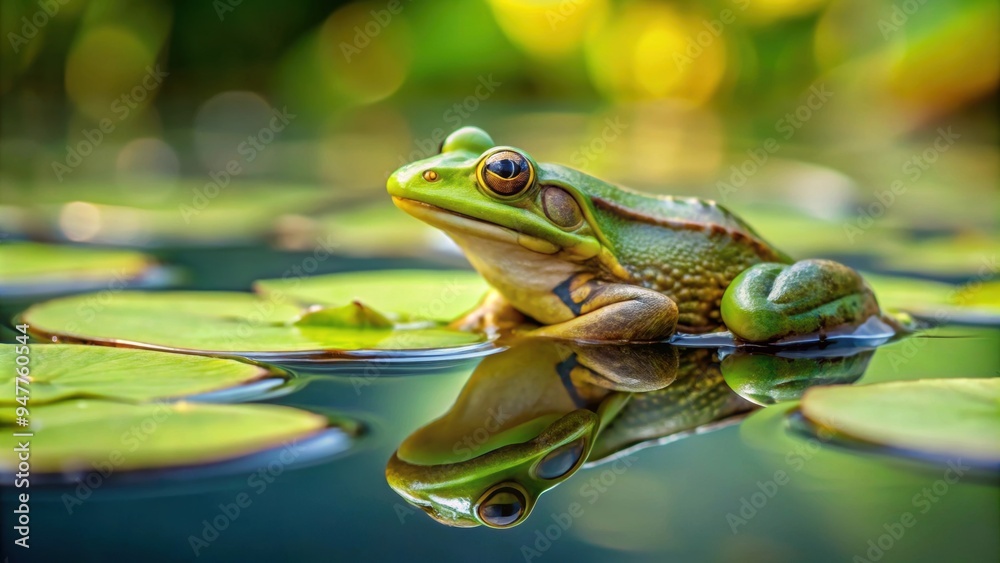 A close-up of a frog sitting on a lily pad in a peaceful pond, frog, water, nature, wildlife, green, lily pad, pond A close-up of a frog sitting on a lily pad in a peaceful pond, frog, water, nature, wildlife, green, lily pad, pond