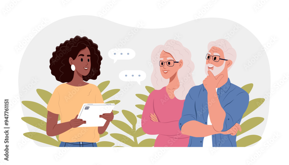 Psychotherapy for seniors. Positive senior people having group therapy with psychologist. Vector illustration in flat style