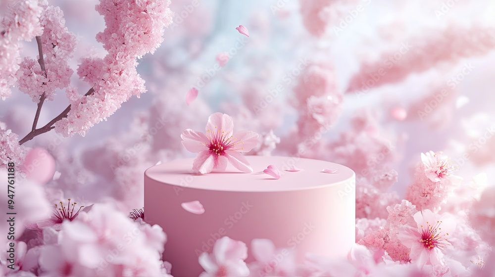 Podium surrounded by sakura cherry blossoms, with soft petals falling gently in a spring breeze. A dreamy, natural setting perfect for beauty product displays. Podium surrounded by sakura cherry blossoms, with soft petals falling gently in a spring breeze. A dreamy, natural setting perfect for beauty product displays.