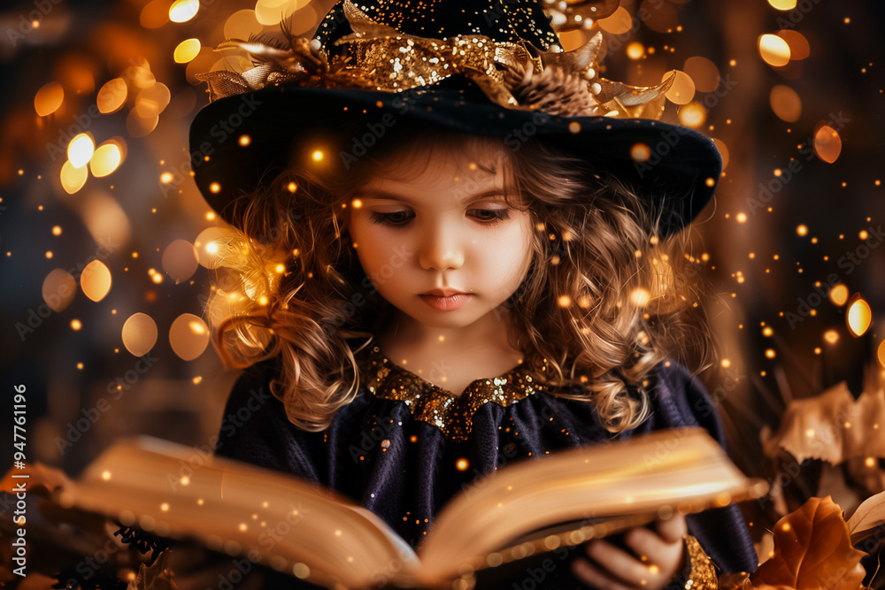 A child dressed as a witch is captivated by a book filled with magic, surrounded by glowing lights and autumn leaves in a festive atmosphere