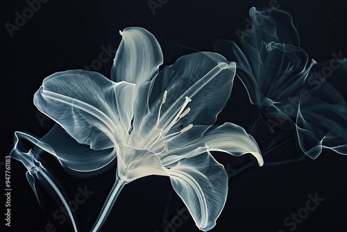 X-ray style of lilies on a black background, showcasing their delicate details photo