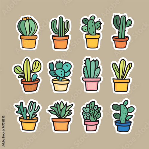Colorful Cactus Illustrations in Various Pot
