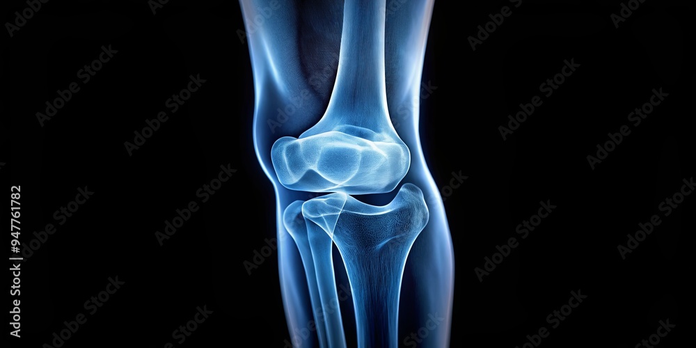 Close-up x-ray image of a painful knee joint showing skeletal structure Close-up x-ray image of a painful knee joint showing skeletal structure