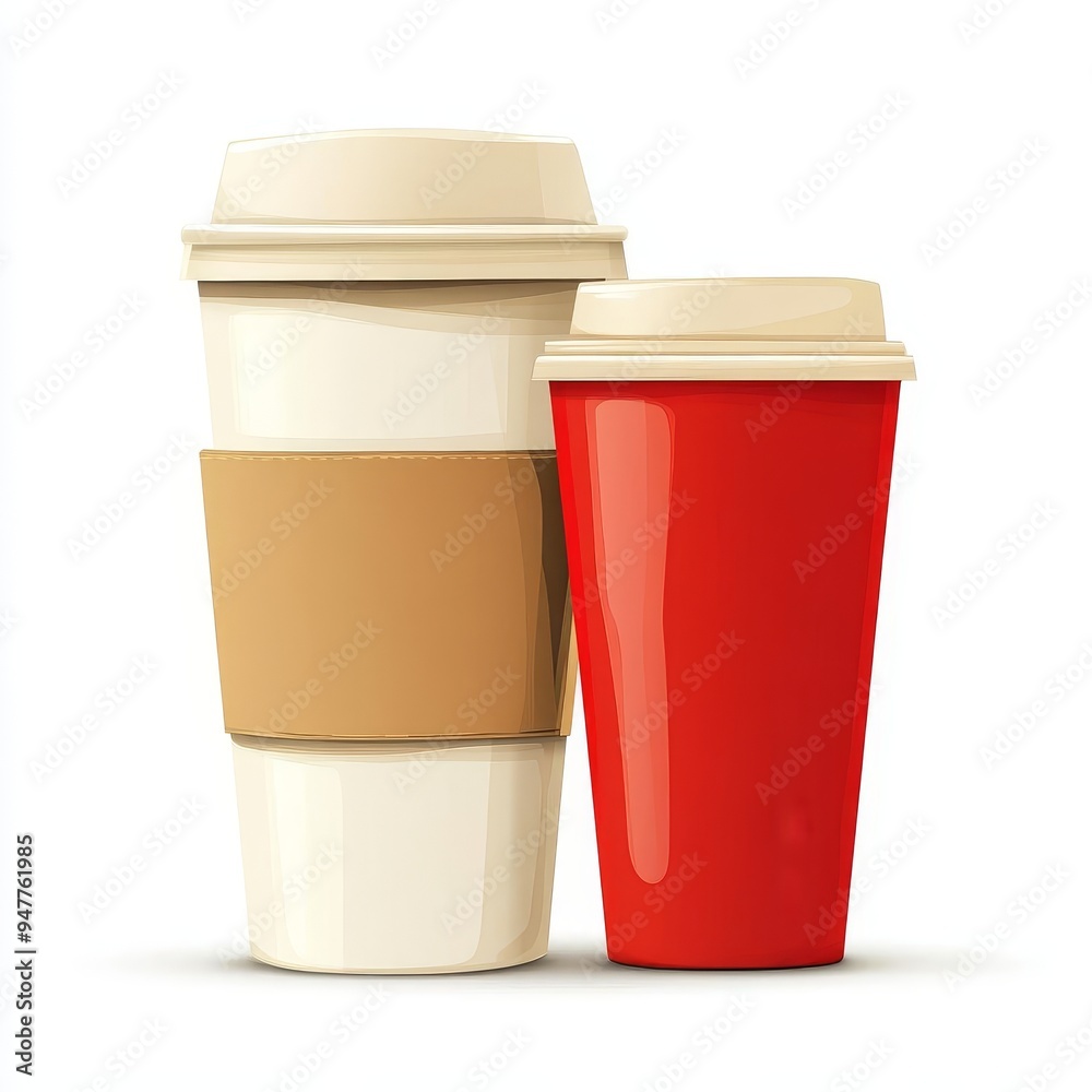 Two disposable coffee cups, one white with a brown sleeve and one red. Two disposable coffee cups, one white with a brown sleeve and one red.