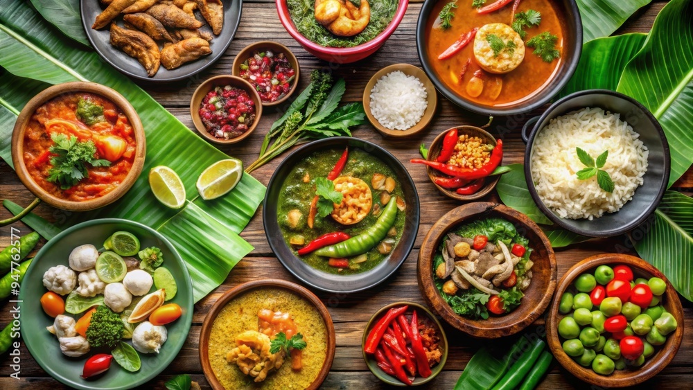 Fototapeta premium Traditional Thai food with colorful and flavorful dishes , Thai cuisine, street food, spicy, curry, coconut milk