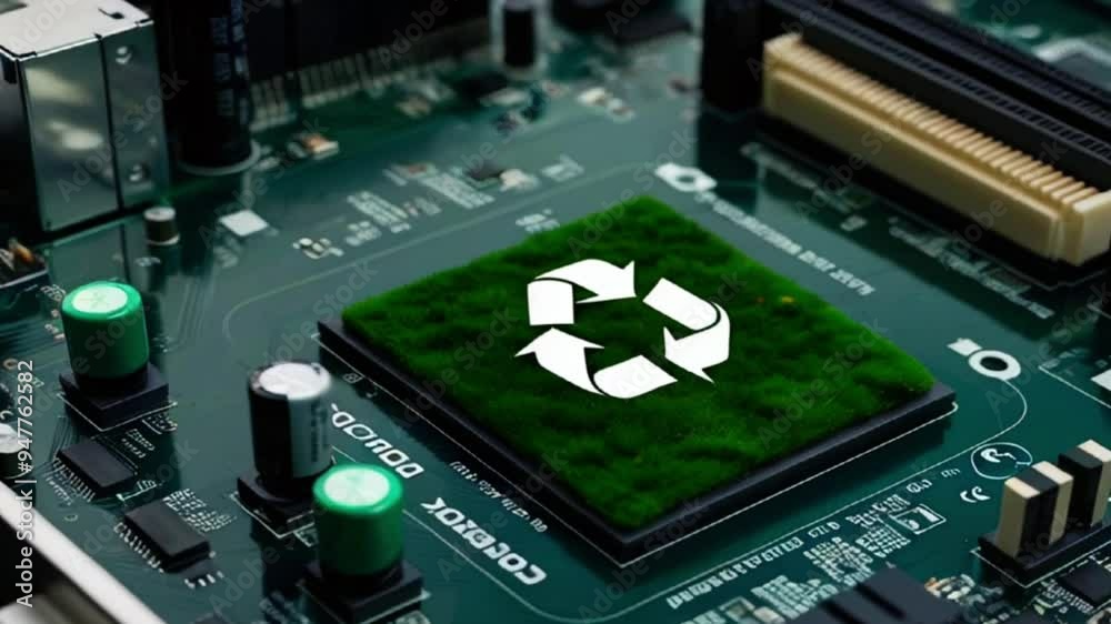 A green, grassy square with a white recycle symbol on it is on a computer motherboard surrounded by components. A green, grassy square with a white recycle symbol on it is on a computer motherboard surrounded by components.