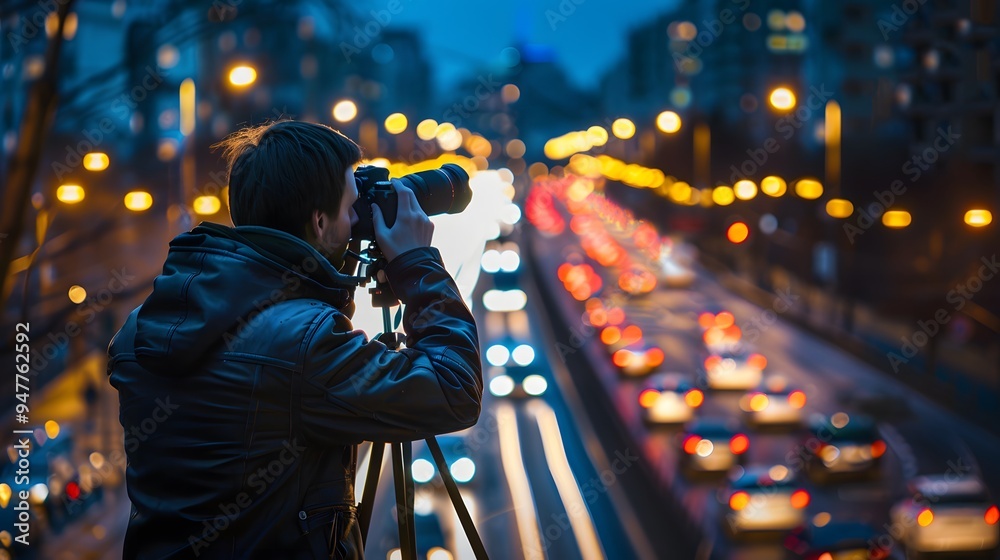 A photographer shooting long exposure photos of city traffic at night A photographer shooting long exposure photos of city traffic at night