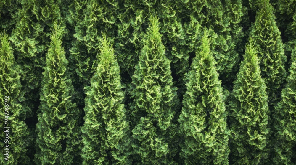 Row of thuja trees forming a green hedge, with dense foliage creating a natural backdrop. Ideal for outdoor and garden scenes.