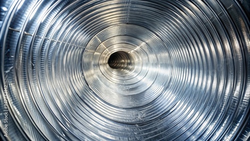 Close-up of a shiny aluminum duct with a silver interior, peeking inside