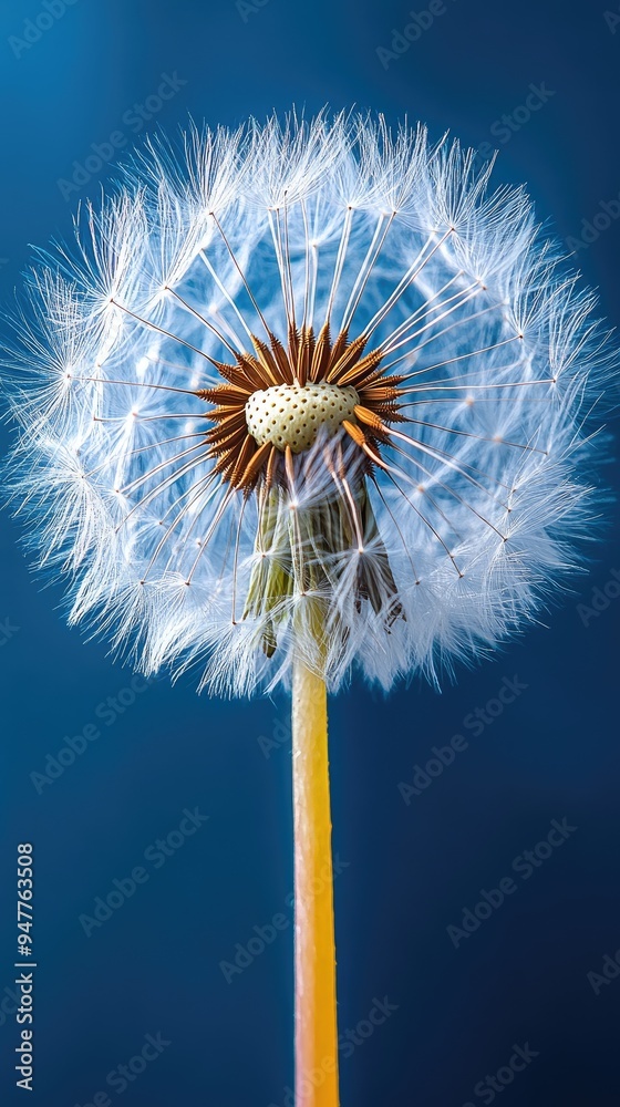 Fototapeta premium A close-up of a dandelion seed head. The delicate, feathery seeds are ready to be blown away by the wind, representing change and new beginnings.