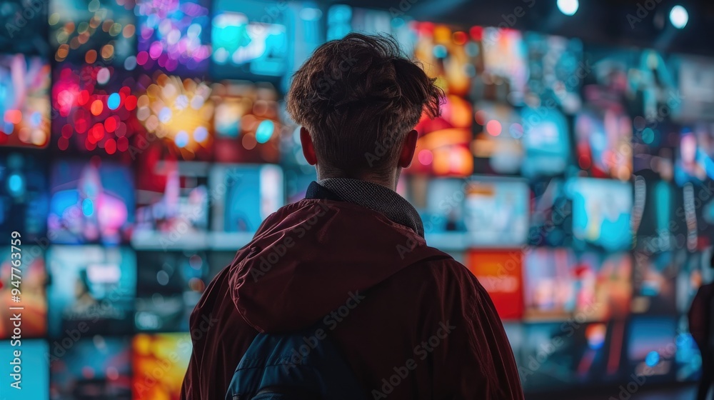 Person watching multiple vibrant screens in a dark room, symbolizing digital media, technology, and information overload. Person watching multiple vibrant screens in a dark room, symbolizing digital media, technology, and information overload.