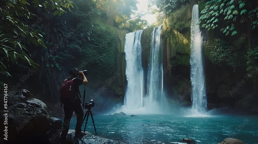 Photographer Capturing the Majestic Waterfall in Lush Rainforest