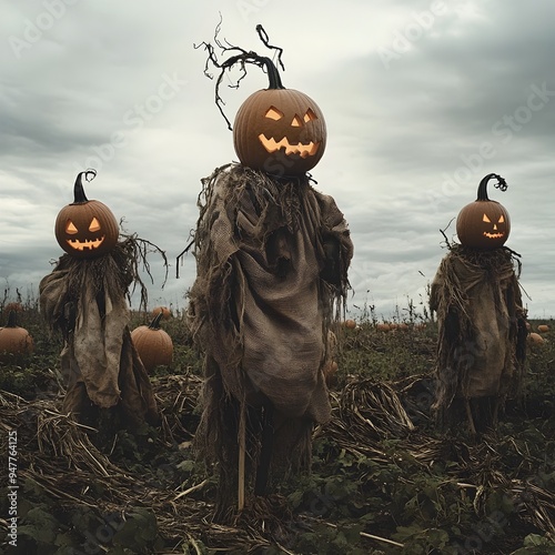 Eerie Autumn Scarecrows in a Rural Pumpkin Patch with Twisted Lanky Forms and Carved photo