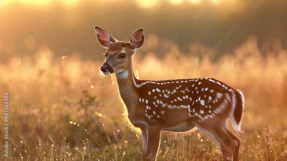 At sunrise a marked fawn stands in a spray field staring off into the sky with its eyes At sunrise a marked fawn stands in a spray field staring off into the sky with its eyes