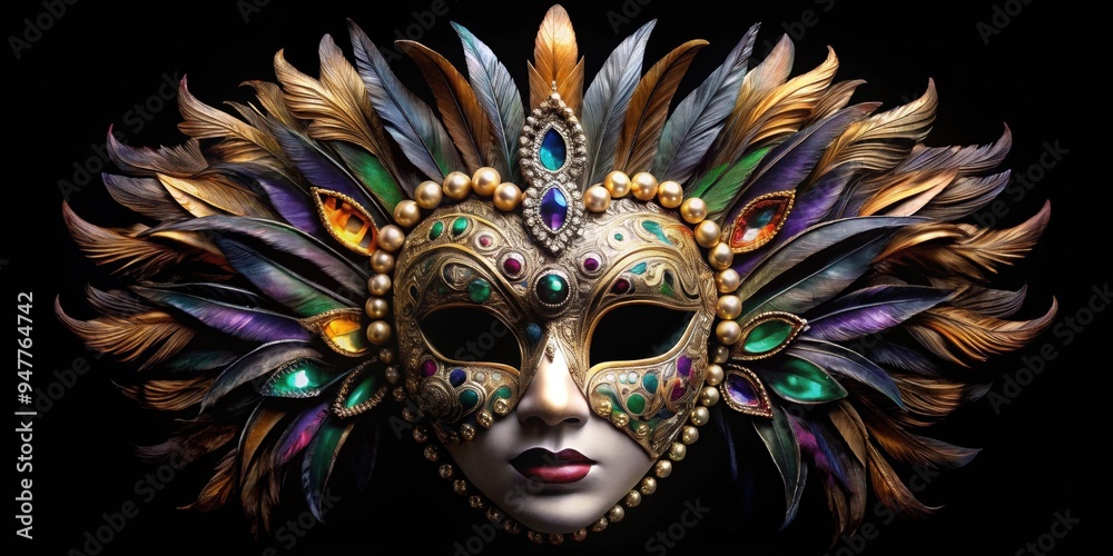 Closed elegant Venetian mask inlaid with multi-colored stones and black feathers, Venetian, mask, elegant Closed elegant Venetian mask inlaid with multi-colored stones and black feathers, Venetian, mask, elegant