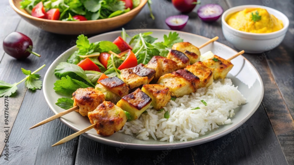 Chicken kebab skewer served with rice and salad, chicken, kebab, skewer, rice, salad, Mediterranean, grilled, delicious, food Chicken kebab skewer served with rice and salad, chicken, kebab, skewer, rice, salad, Mediterranean, grilled, delicious, food
