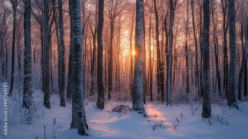 Fototapeta Naklejka Na Ścianę i Meble -  Snow-covered trees in a Bieszczady forest, with the vibrant colors of a winter sunset creating a stunning contrast.