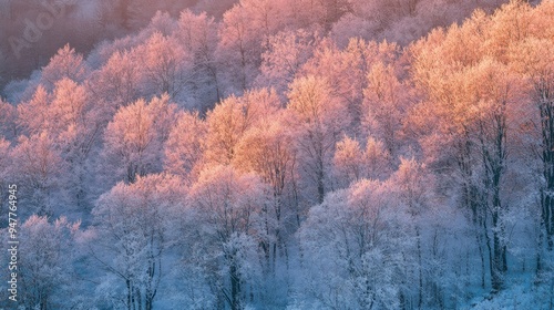 Fototapeta Naklejka Na Ścianę i Meble -  Snow-covered trees in a Bieszczady forest, with the vibrant colors of a winter sunset creating a stunning contrast.