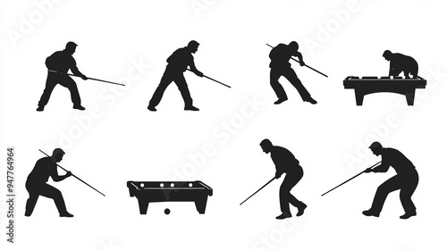 collection set of silhouettes of pool players. sport, player, pastime, and idea. distinct gesture or position. vector illustration in monochrome. 