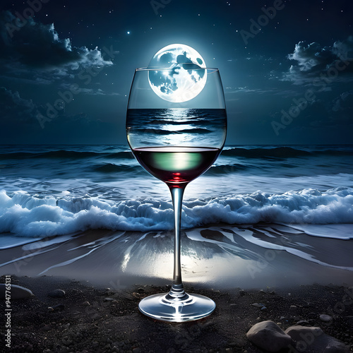 Sea view shining by transparent wine twilight Sleeping full moon light supernatural light moonlighting water, ai