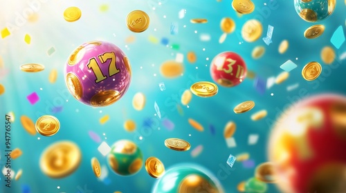 Splash background with bingo balls. Vector illustration of a lucky gambling winner celebration with a floating lotto game ball, golden coins, and confetti