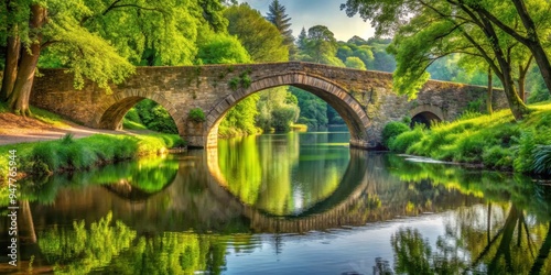 Old stone bridge over tranquil river surrounded by lush green trees , ancient, architecture, historical, landmark