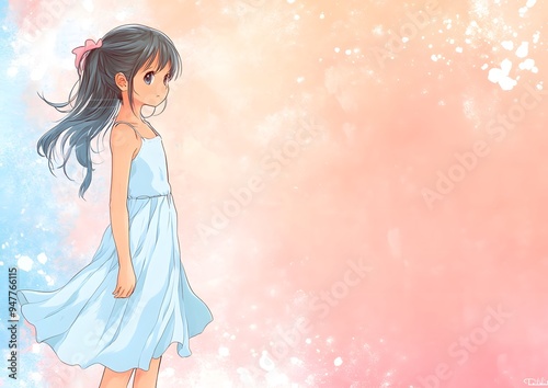 A young anime girl in a blue dress stands in front of a soft pink and blue background. Template for quotes, and greetings cards.