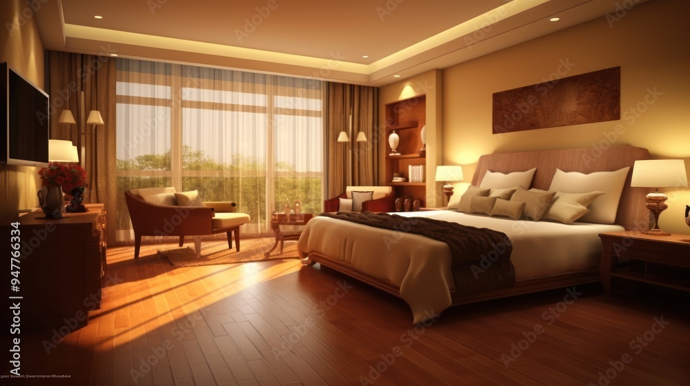Fototapeta premium Luxurious Bedroom Interior Design with Warm Lighting