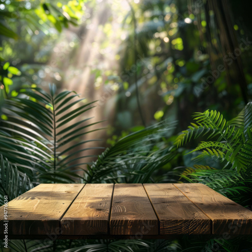 A wooden table top against a jungle background, suitable for product display presentation, with sunlight effect and tropical rainforest interior design. photo