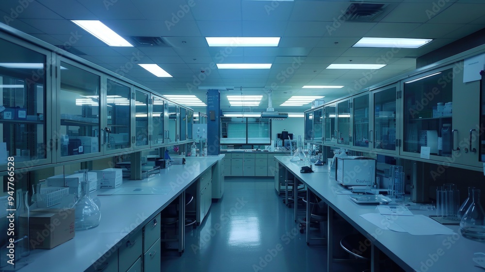 Empty science lab, focused on glass cabinets and equipment, bright fluorescent lighting, research facility Empty science lab, focused on glass cabinets and equipment, bright fluorescent lighting, research facility