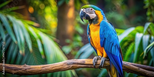 Exotic blue and yellow macaw ara perched on a branch in the rainforest, exotic, vibrant, colorful, bird, wildlife, tropical photo