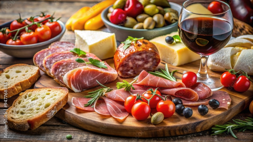 Close-up of a variety of sliced deli meats, cheese, bread, tomatoes, olives, and wine for a food macro photography concept Close-up of a variety of sliced deli meats, cheese, bread, tomatoes, olives, and wine for a food macro photography concept