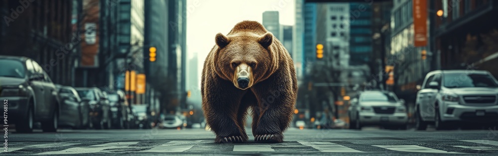 Obraz premium Imposing bear walking steadily down a bustling city street