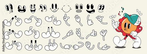 Set of 70s groovy comic faces vector. Collection of cartoon character faces, leg, hand in different emotions happy, angry, sad, flower. Cute retro groovy hippie illustration for decorative, sticker.
