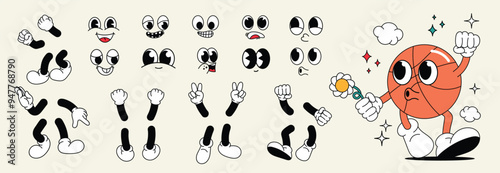 Set of 70s groovy comic faces vector. Collection of cartoon character faces, leg, hand in different emotions happy, angry, basketball. Cute retro groovy hippie illustration for decorative, sticker.