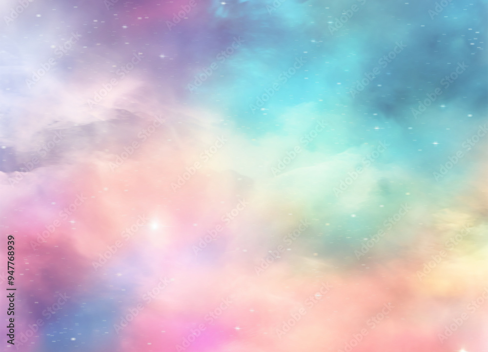 Naklejka premium Pastel-colored cosmic fog creates a dreamy and ethereal atmosphere with twinkling stars