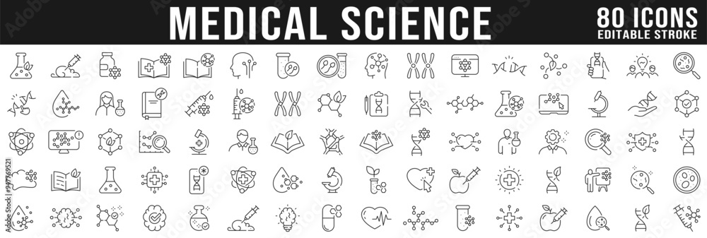 Medical lab icons big set. Science, dna, molecules research line icon ...